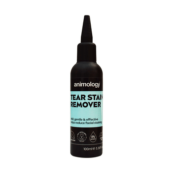 White background with a black and light aqua bottle with nozzle of Animology Tear stain remover. On the bottle is white text 'Animology Tear Stain Remover'.
