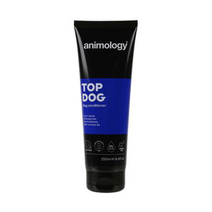 White background with a black and dark blue bottle of Animology Top Dog Conditioner. On the bottle is white text 'Animology Top Dog, Dog Conditioner'.