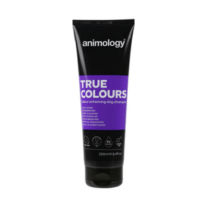 White background with a black and purple bottle of Animology True Colours Shampoo. On the bottle is white text 'Animology True Colours, Colour enhancing dog shampoo'.