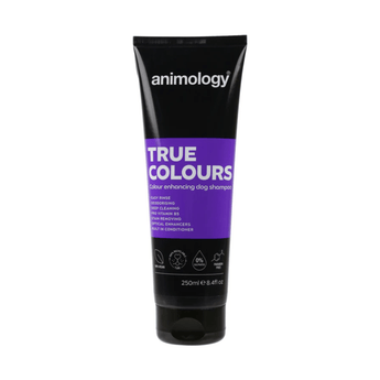White background with a black and purple bottle of Animology True Colours Shampoo. On the bottle is white text 'Animology True Colours, Colour enhancing dog shampoo'.
