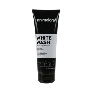 White background with a black and white bottle of Animology White Wash Dog Shampoo. On the bottle is white text 'Animology White Wash, White dog shampoo'.