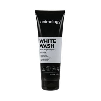 White background with a black and white bottle of Animology White Wash Dog Shampoo. On the bottle is white text 'Animology White Wash, White dog shampoo'.