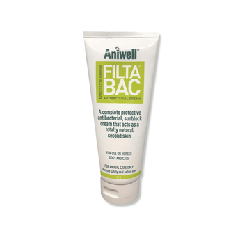 White background with a white and green tube of Aniwell FiltaBac Antibacterial Cream.