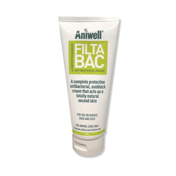 White background with a white and green tube of Aniwell FiltaBac Antibacterial Cream.