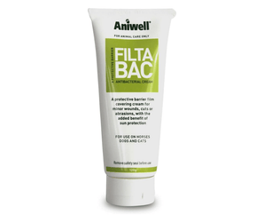 White background with a white and green tube of Aniwell FiltaBac Antibacterial Cream.