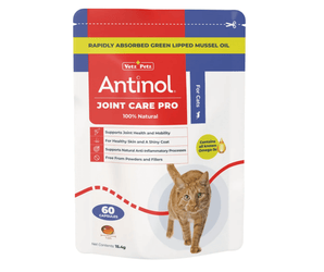 White background with a packet of Antinol Joint Care Pro for Cats, the pakcet has red and blue ascents with a ginger tabby cat pictured. Additional text on the packet states '100% Natural, Supports Joint Health and Mobility, For healthy skin and a shiny coat, Supports natural anti-inflammatory processes, Free from powders and fillers'.