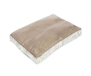Pillow-type brown faux suede dog bed with faux fur trimming.
