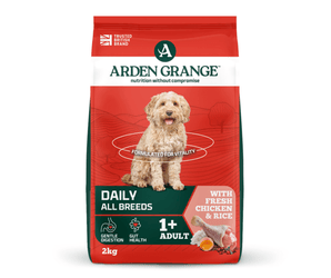 A 2kg bag of Arden Grange, Daily, All Breeds dog food, 1+ adult, with chicken and rice, featuring a golden doodle dog on the front of a red and green bag.