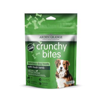 A green stand-up pouch of Arden Grange Crunchy Bites dog treats with fresh lamb, featuring a photo of a brown and white dog on the front, set against a plain white background.