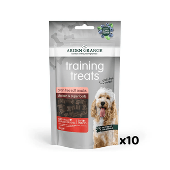 A 80g stand-up pouch of Arden Grange Training Treats (Chicken & Superfoods) for dogs, featuring a grey and white design with a photo of a Cocker Spaniel on the front.