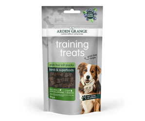 A 90g stand-up pouch of Arden Grange Training Treats (Lamb & Superfoods) featuring a grey and white design with a photo of a brown and white dog on the front, set against a plain white background.