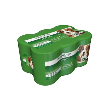 A pack of Arden Grange Partners dog food tins wrapped in an green packaging with a dog photo on the label, isolated on a white background.