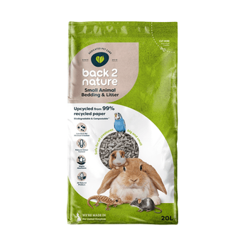 White background with a 20 litre bag of back 2 nature recycled paper small animal bedding and litter with a rabbit, mouse, gecko, guinea pig and budgie pictured on the bag.
