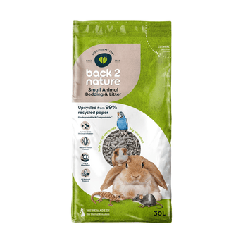White background with a 30 litre bag of back 2 nature recycled paper small animal bedding and litter with a rabbit, mouse, gecko, guinea pig and budgie pictured on the bag.