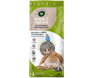 White background with a 10 litre bag of back 2 nature recycled paper small animal bedding and litter with a rabbit, mouse, gecko, guinea pig and budgie pictured on the bag.
