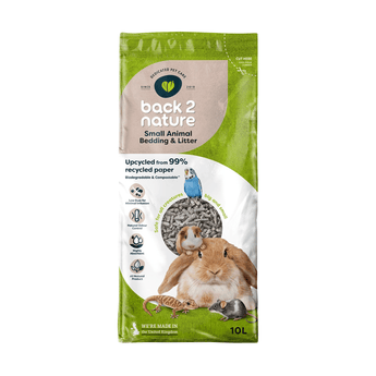 White background with a 10 litre bag of back 2 nature recycled paper small animal bedding and litter with a rabbit, mouse, gecko, guinea pig and budgie pictured on the bag.