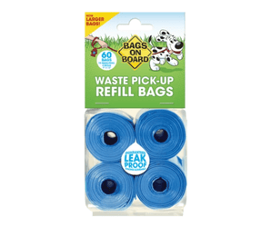 White background with a pack of Bags On Board waste pick-up refill poo bags. On the packet is an illustrated Dalmatian dog on grass.