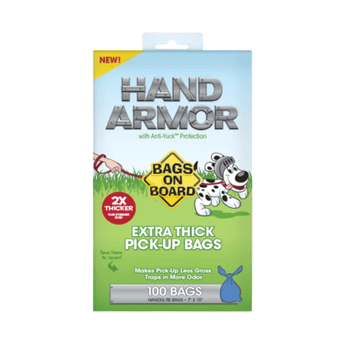 White background with a box of Bags On Board Hand Armour poo bags. On the box is an illustrated Dalmatian dog wearing an armoured helmet. On the box is text 'Extra thick pick-up bags', 'Makes pick-up less gross traps in more odour' and '100 bags'.