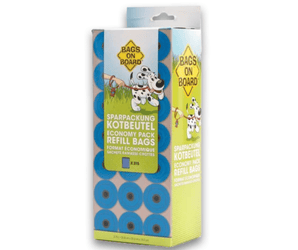 White background with a box of Bags On Board Economy pack Refill poo bags. On the box is an illustrated Dalmatian dog.