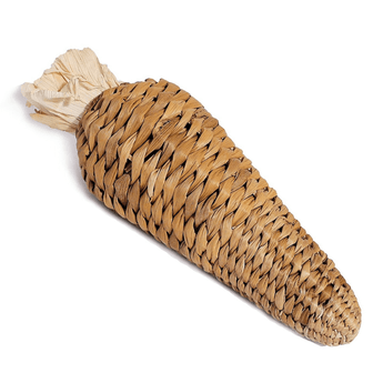 Woven banana leaf shaped into a carrot with a leaf top on a white background.