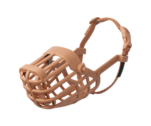 White background of a brown basket Baskerville CLASSIC dog muzzle.