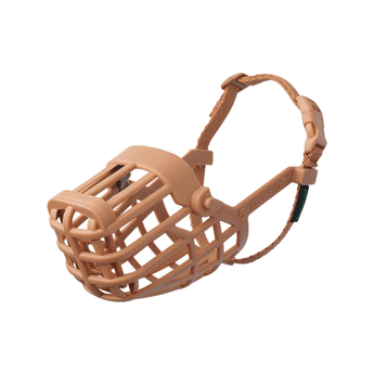 White background of a brown basket Baskerville CLASSIC dog muzzle.