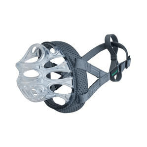 White background of a clear basket Baskerville INVISA dog muzzle with grey fabric straps.