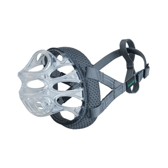White background of a clear basket Baskerville INVISA dog muzzle with grey fabric straps.