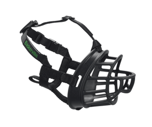 White background of a black basket Baskerville ULTRA dog muzzle with black fabric straps.
