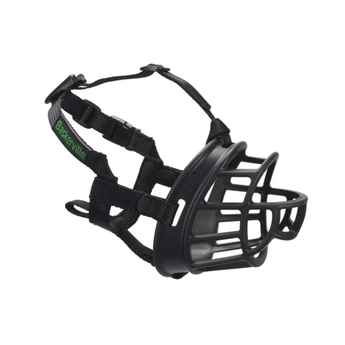 White background of a black basket Baskerville ULTRA dog muzzle with black fabric straps.