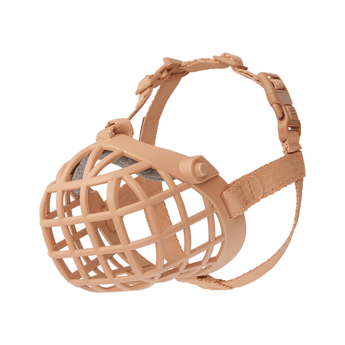 White background of a brown basket Baskerville WIDE FIT dog muzzle.
