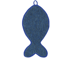 White background with a blue Battersea Fish Shaped Cat Scratcher pictured.