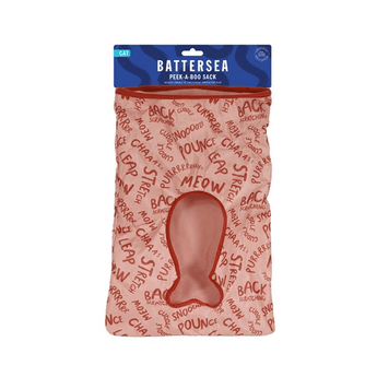 White background with a Battersea Peek-A-Boo Sack pictured attached to a blue cardboard tag.