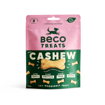 White background with a packet of Beco Dog Treats pictured. On the packet is an illustrated silhouette of a running dog. Text on the pack reads, 'Beco Treats, Cashew' with a picture of a bone shaped treat, text below reads 'Pumpkin seed & Carrot, Tail Waggingly Tasty.'