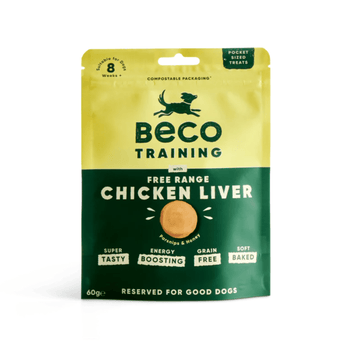 White background with a packet of Beco Dog Treats pictured. On the packet is an illustrated silhouette of a running dog. Text on the pack reads, 'Beco Training, Free Range Chicken Liver' with a picture of a round treat, text below reads 'Parsnip & Honey, Reserved for Good Dogs.'