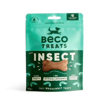 White background with a packet of Beco Dog Treats pictured. On the packet is an illustrated silhouette of a running dog. Text on the pack reads, 'Beco Treats, Insect' with a picture of a bone shaped treat, text below reads 'Apple, Chia Seeds & Parsley, Tail Waggingly Tasty.'