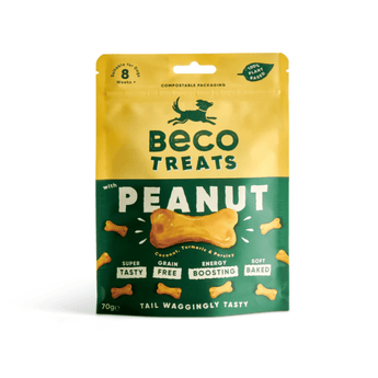 White background with a packet of Beco Dog Treats pictured. On the packet is an illustrated silhouette of a running dog. Text on the pack reads, 'Beco Treats, Peanut' with a picture of a bone shaped treat, text below reads 'Coconut, Turmeric & Parsley, Tail Waggingly Tasty.'