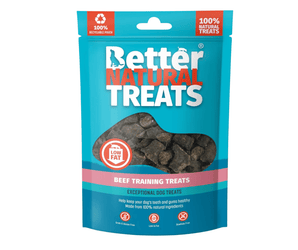 White background with a blue packet of 90g Better Natural Beef Training treats, with a seen through window in the centre.