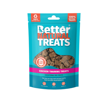 White background with a blue packet of 90g Better Natural Chicken Training treats, with a seen through window in the centre.