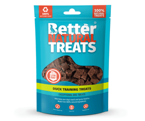 White background with a blue packet of 90g Better Natural Duck Training treats, with a seen through window in the centre.