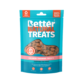 White background with a blue packet of 90g Better Natural Salmon Training treats, with a seen through window in the centre.