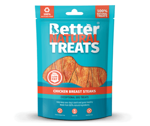 White background with a blue packet of 90g Better Natural Chicken Steak treats, with a seen through window in the centre.