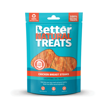 White background with a blue packet of 90g Better Natural Chicken Steak treats, with a seen through window in the centre.