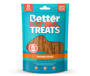 White background with a blue packet of 90g Better Natural Chicken Stick treats, with a seen through window in the centre.