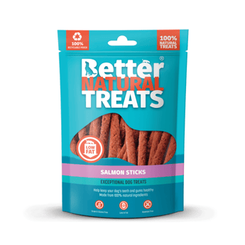 White background with a blue packet of 90g Better Natural Salmon Stick treats, with a seen through window in the centre.