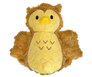 White background with a brown Bite Force owl Dog Toy with a beige chest and yellow beak with stitch details for the eyes.