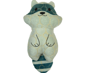 White background with a grey Bite Force Racoon Dog Toy with dark grey eye band and striped tail with stitch details for the eyes and arms.