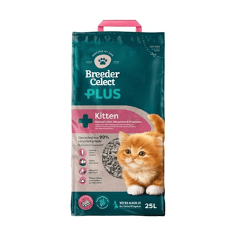White background with a 25 litre bag of Breeder Celect Plus Kitten recycled paper litter with a ginger tabby kitten pictured on the bag.