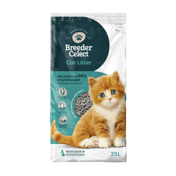 White background with a 25 litre bag of Breeder Celect recycled paper Cat Litter with a ginger tabby kitten pictured on the bag.