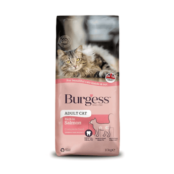 White background with a bag of Burgess Adult Cat dry food. On the bag is a long haired tabby cat on it's side. Text on the bag reads 'Burgess Adult Cat, Rich in Salmon, Complete Food. 10kg'